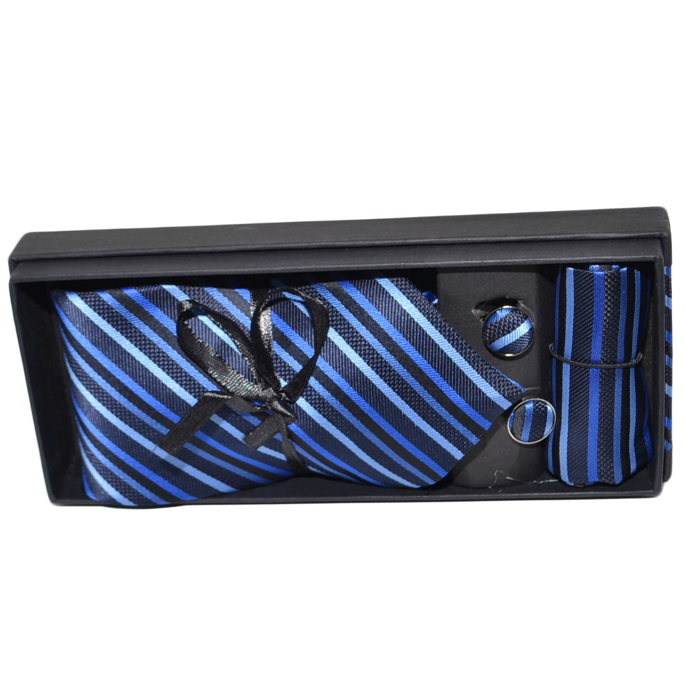 SET CRAVATTA UOMO ELEGANTE IN RASO BLU STRIATA CON GEMELLI E POCHETTE PER CERIMONIE EVENTI.