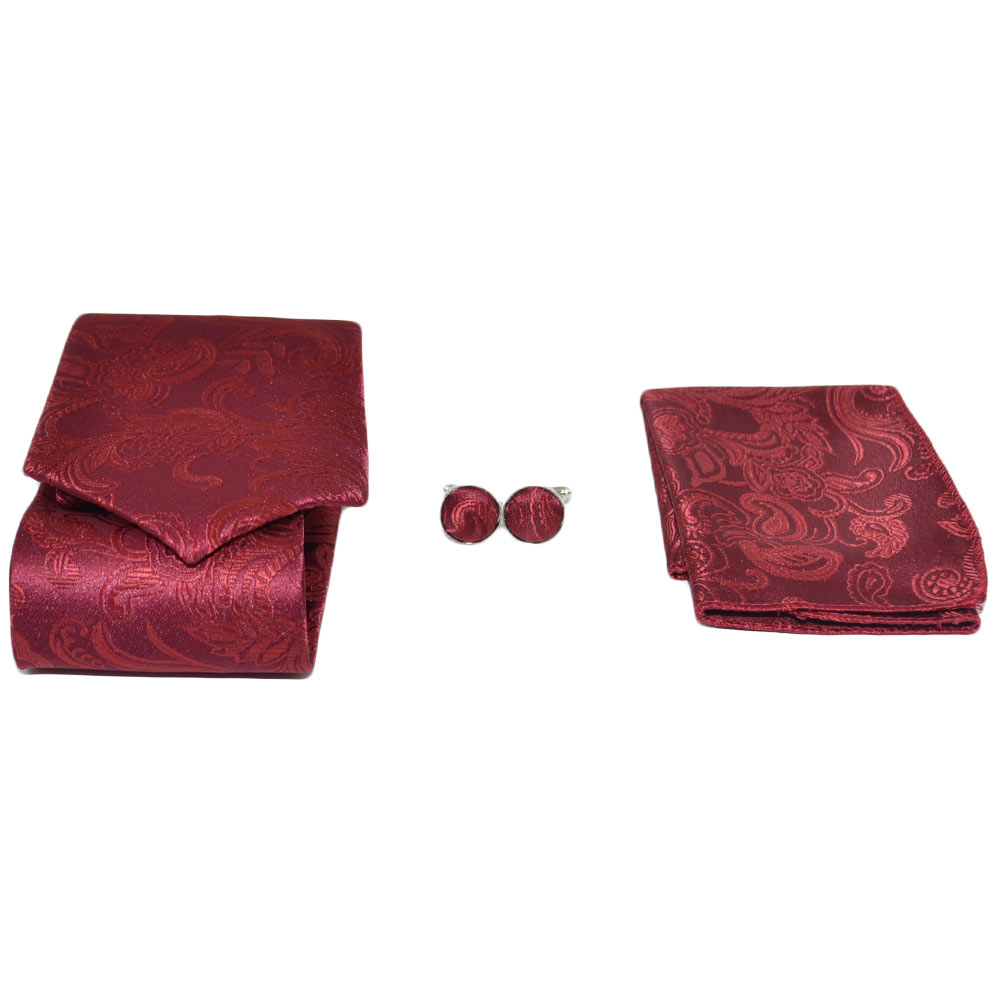 SET CRAVATTA UOMO ELEGANTE IN RASO BORDEAUX DAMASCATO CON GEMELLI E POCHETTE PER CERIMONIE EVENTI