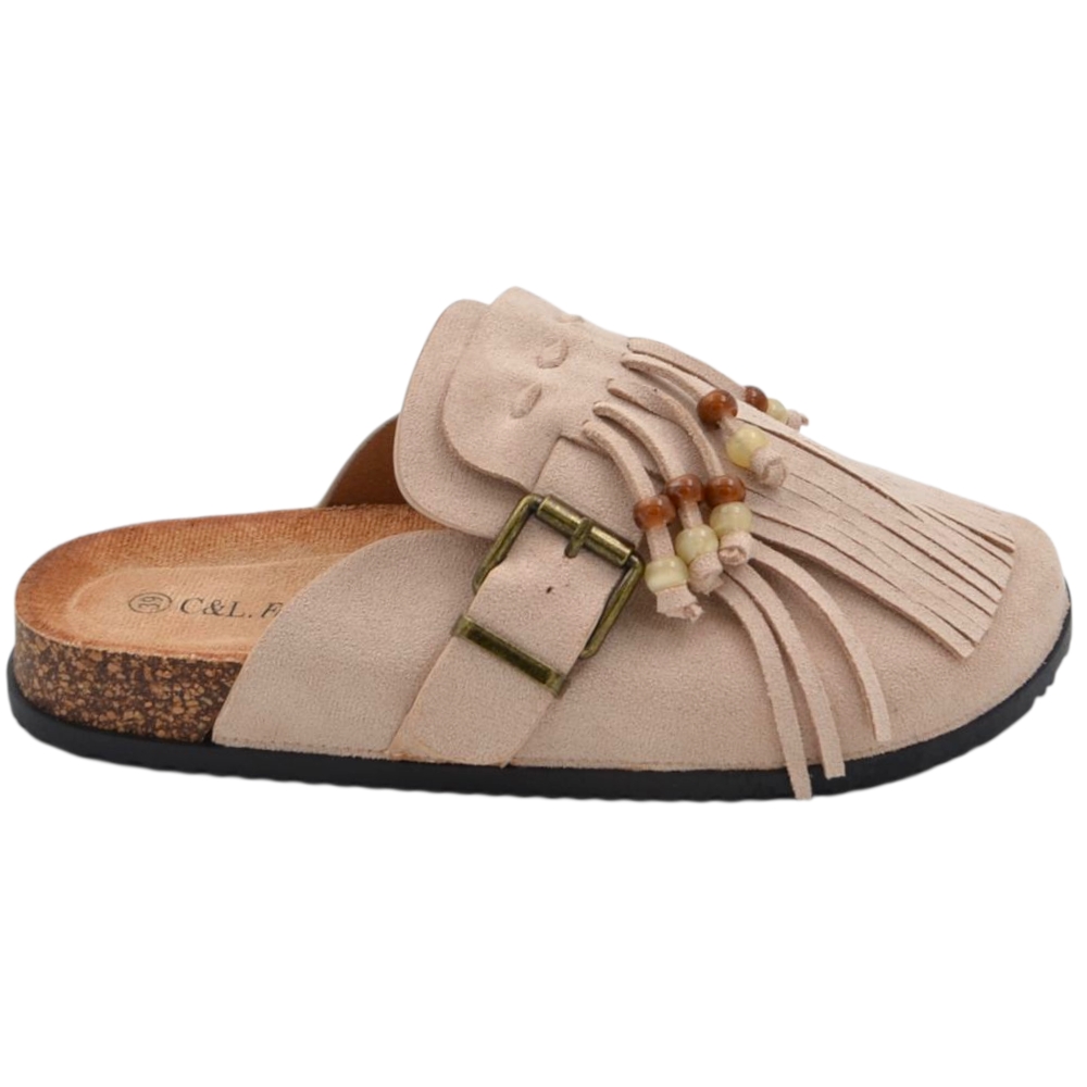 Pantofolina mule donna beige in camoscio con frange sottopiede anatomico in sughero e suola in gomma