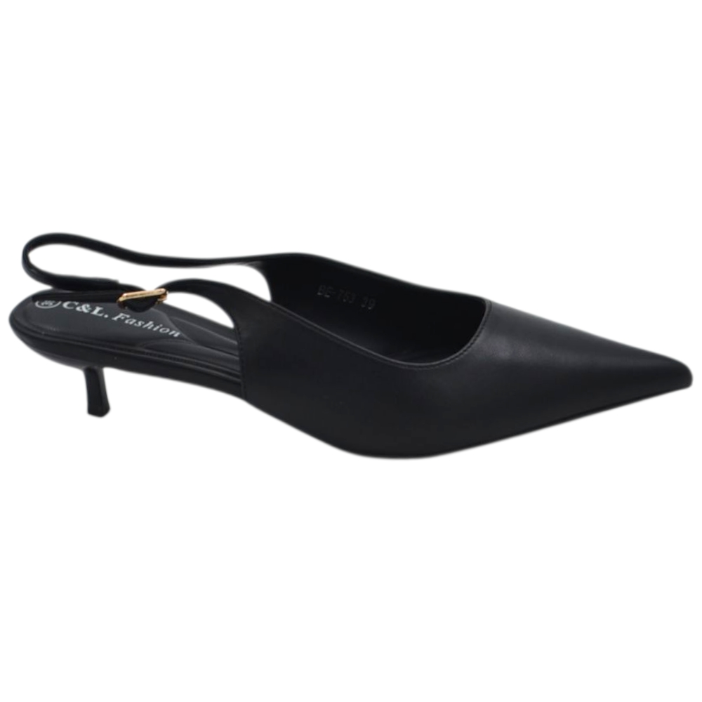 Decollete donna a punta nero pelle slingback con cinturino tacco a spillo 3 cm