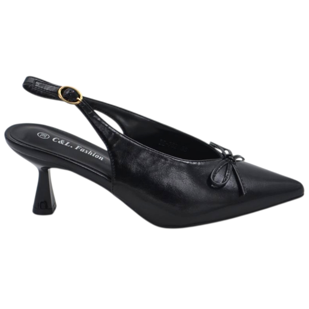 Decollete donna a punta nera in vernice lucida slingback con scollo a v e fiocco tacco a clessidra 6 cm