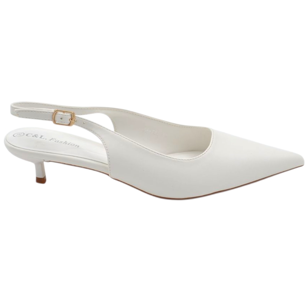 Decollete donna a punta bianco pelle slingback con cinturino tacco a spillo 3 cm