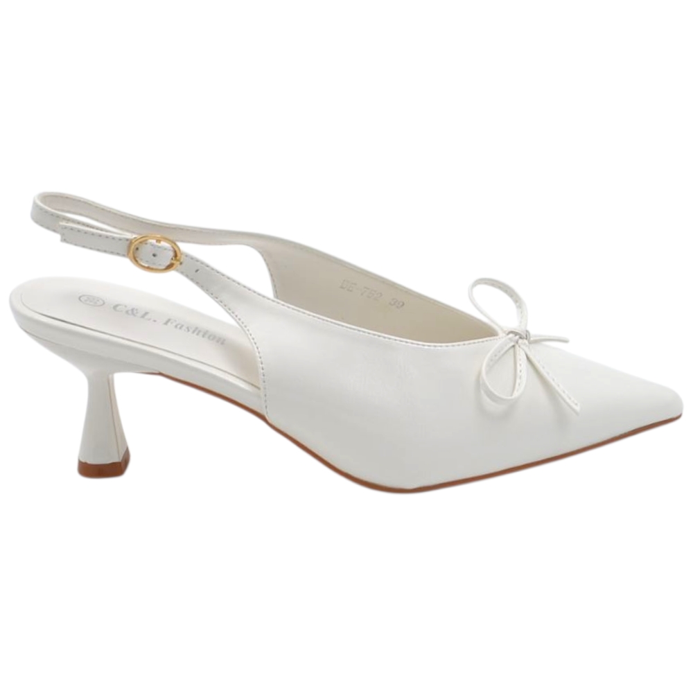 Decollete donna a punta bianca in vernice lucida slingback con scollo a v e fiocco tacco a clessidra 6 cm.