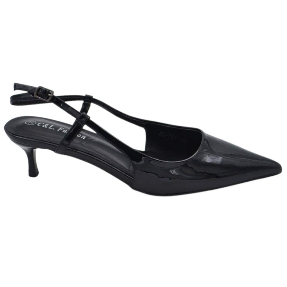 Decollete donna a punta nera vernice slingback con cinturino tacco a spillo 3 cm