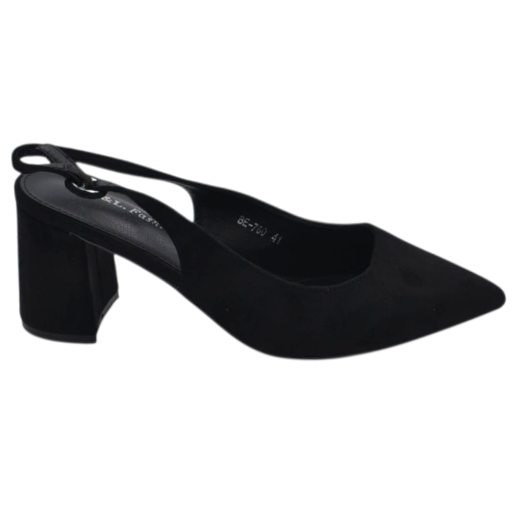 Decollete donna a punta nero camoscio slingback con cinturino tacco doppio 6 cm.