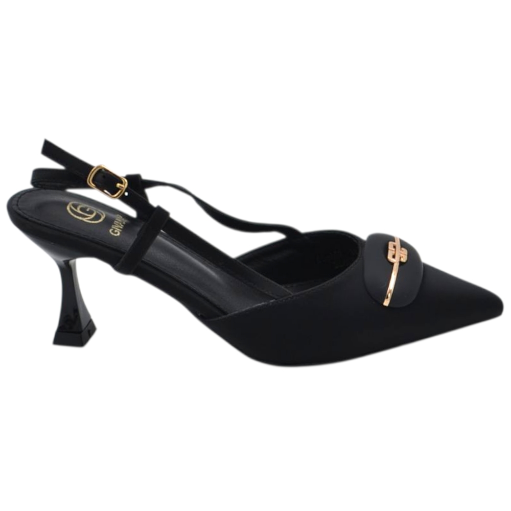 Decollete donna a punta slingback nero in raso con dettaglio gioiello tacco clessidra 7cm chiusura caviglia.