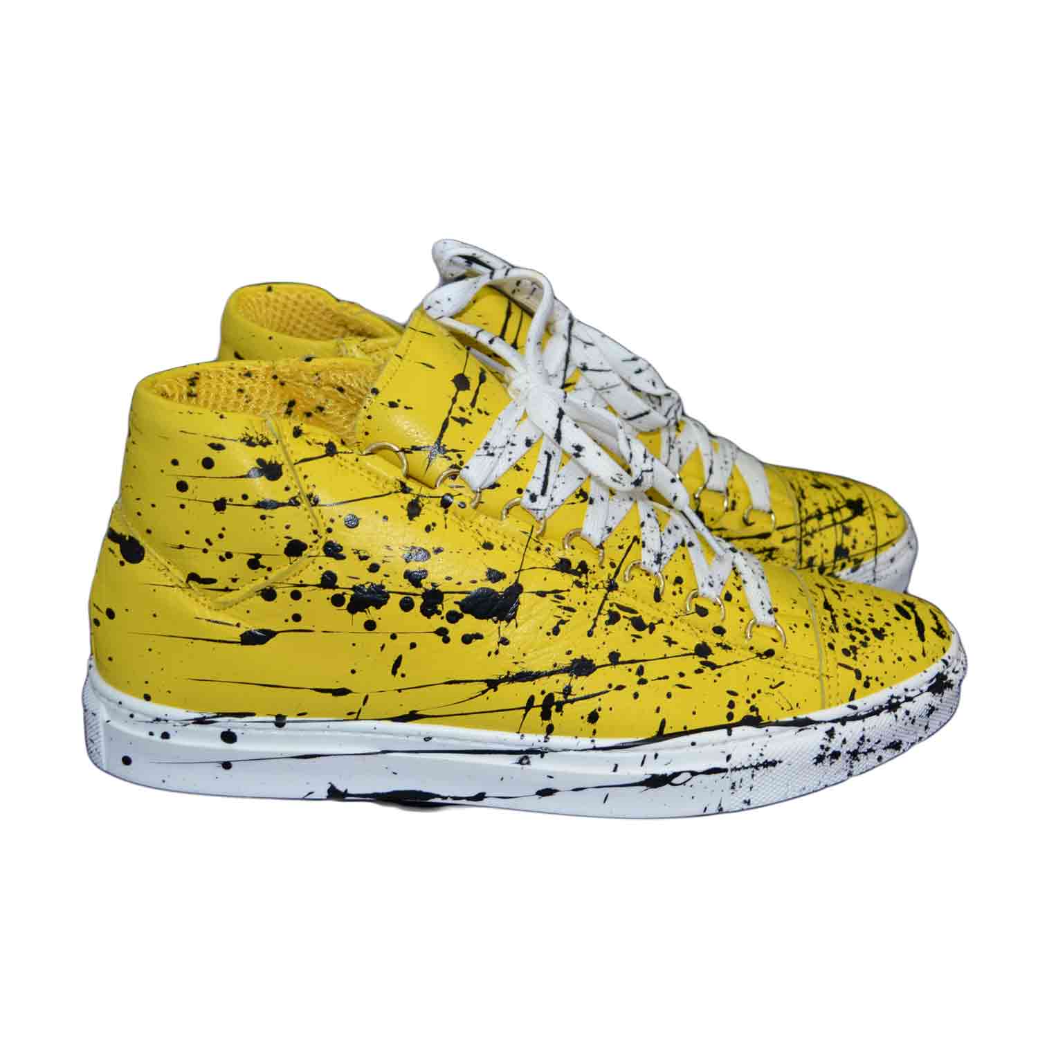 Sneakers uomo scarpe in vera pelle giallo con fantasia astratto schizzi limited edition made in Italy.