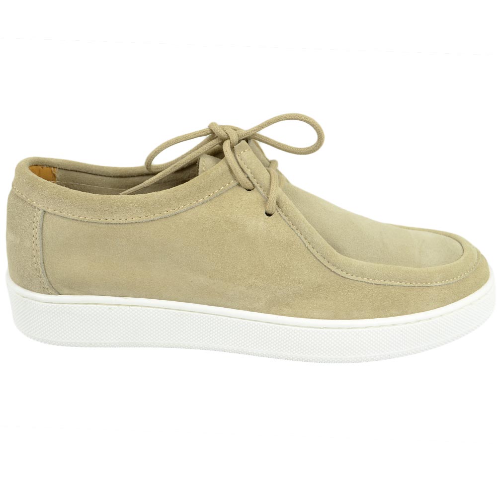 SCARPA UOMO MODELLO INGEGNERE IN VERA PELLE SCAMOSCIATO BEIGE CON GOMMA BIANCA ULTRALEGGERA E LACCI TONO SU TONO