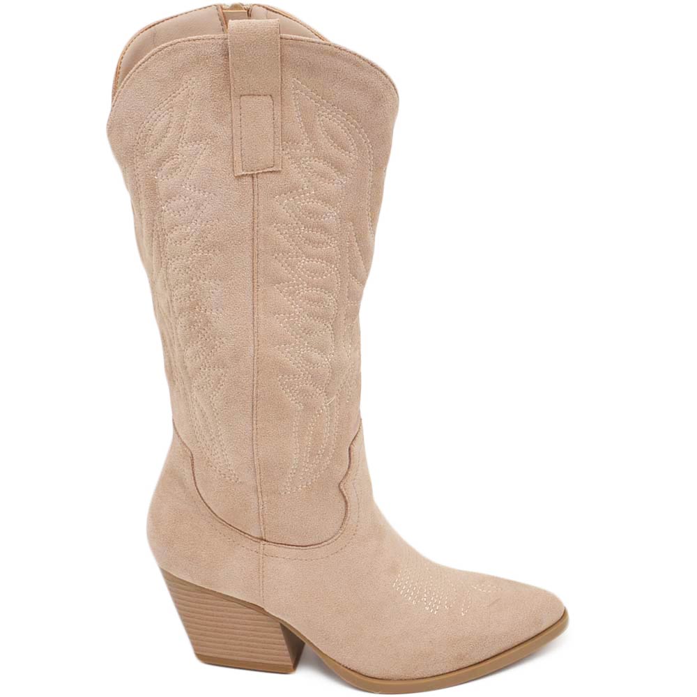 Camperos donna stivali texani beige in camoscio con tacco 5 cm tinta unita zip moda
