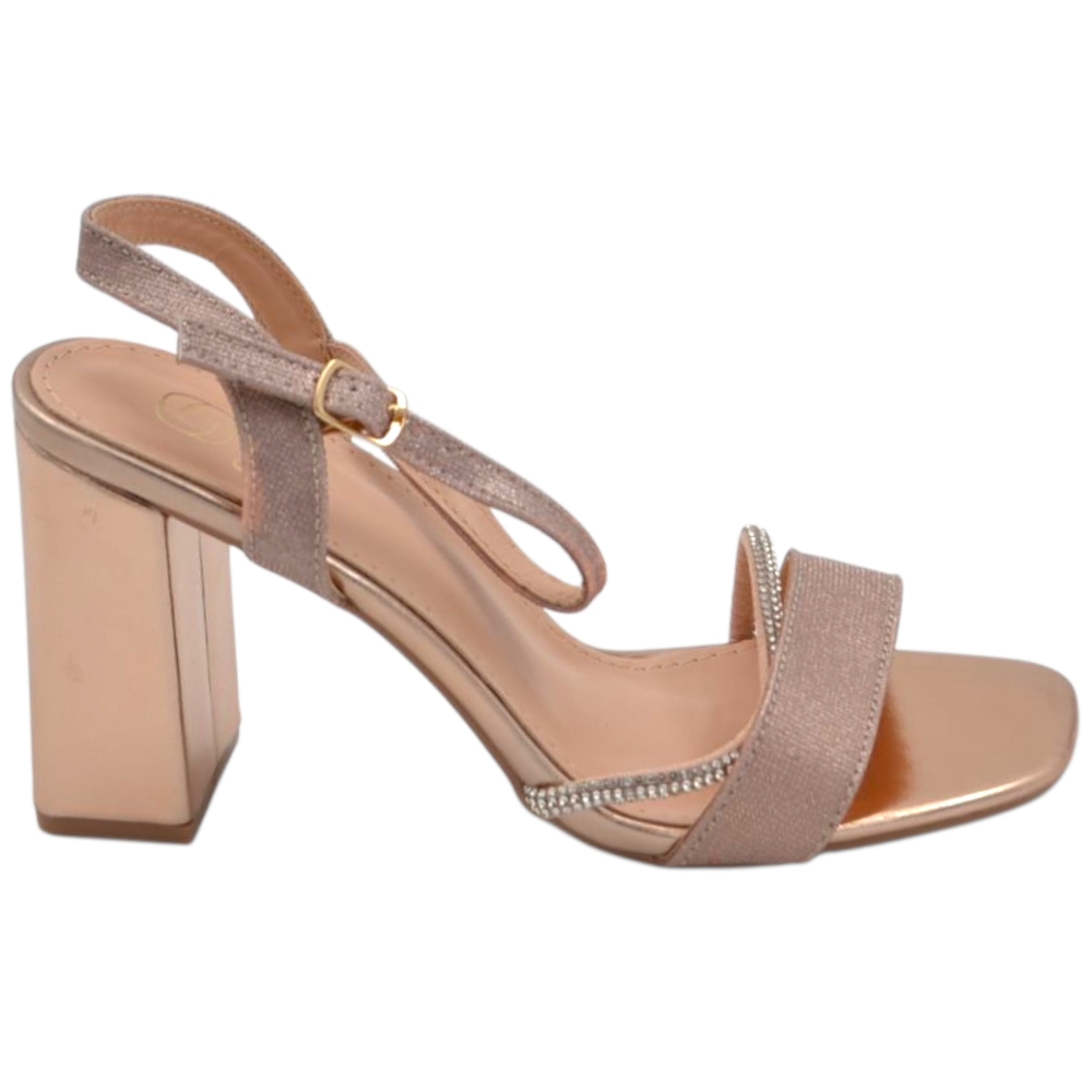 Scarpe sandalo donna oro rosa pelle con fasce a incrocio satinate e chiusura alla caviglia sling back tacco largo 5cm.