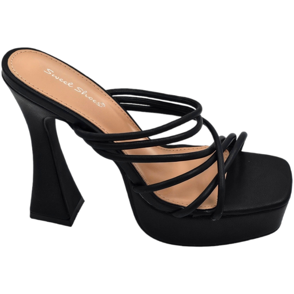 Sandalo tacco donna platform in pelle nero con plateau alto 3,5 cm e tacco clessidra 15 cm fascette incrocio avampiede.