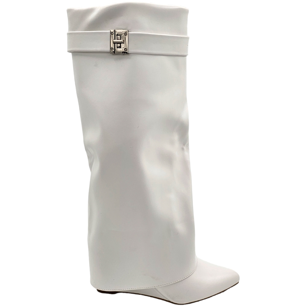 Stivali donna bianco a punta al ginocchio punta con para risvolto modello shark zeppa 8 cm e accessorio argento moda.