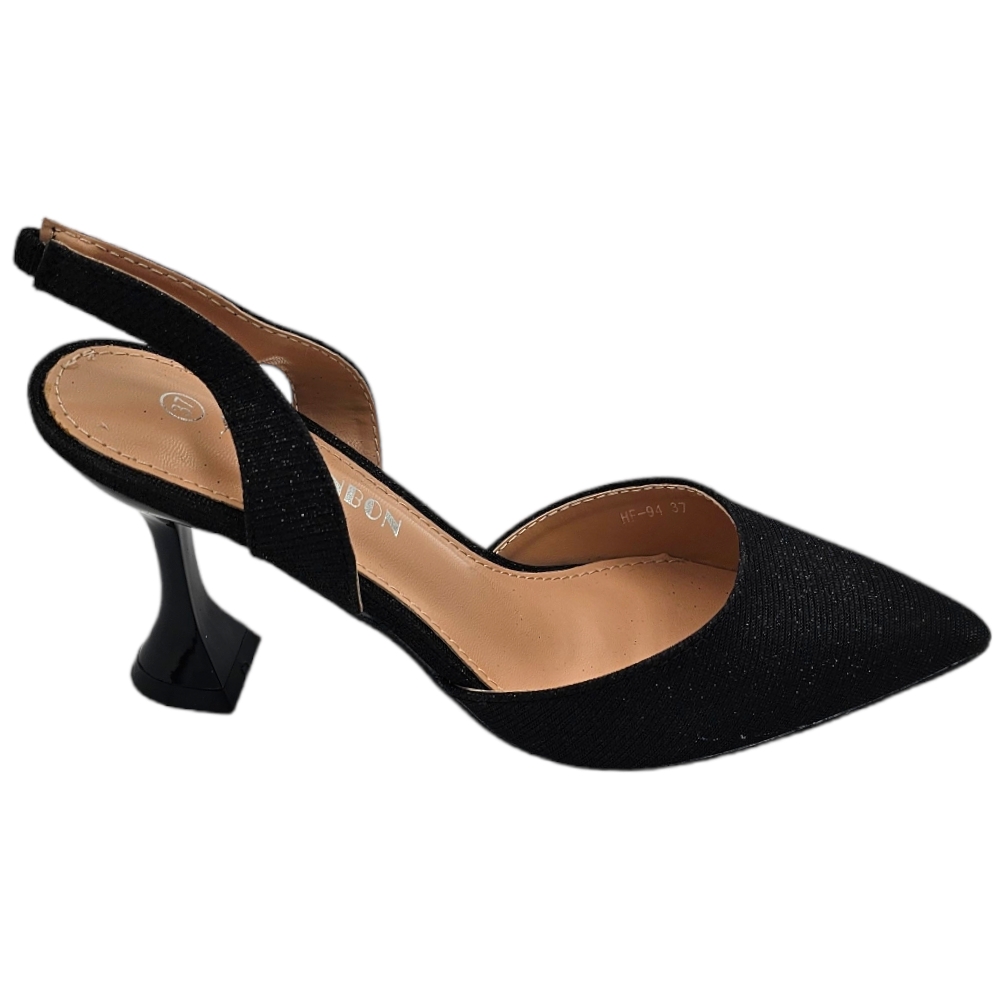 Decollete scarpa donna slingback a punta in tessuto satinato nero tacco clessidra 9 cm cinturino tallone glamour moda.
