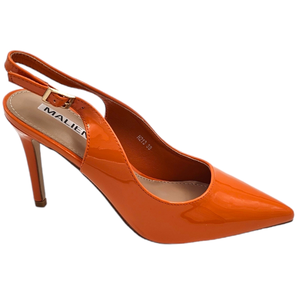 Scarpe decollete slingback donna elegante a punta in vernice lucida arancione tacco 10 cinturino tallone regolabile.
