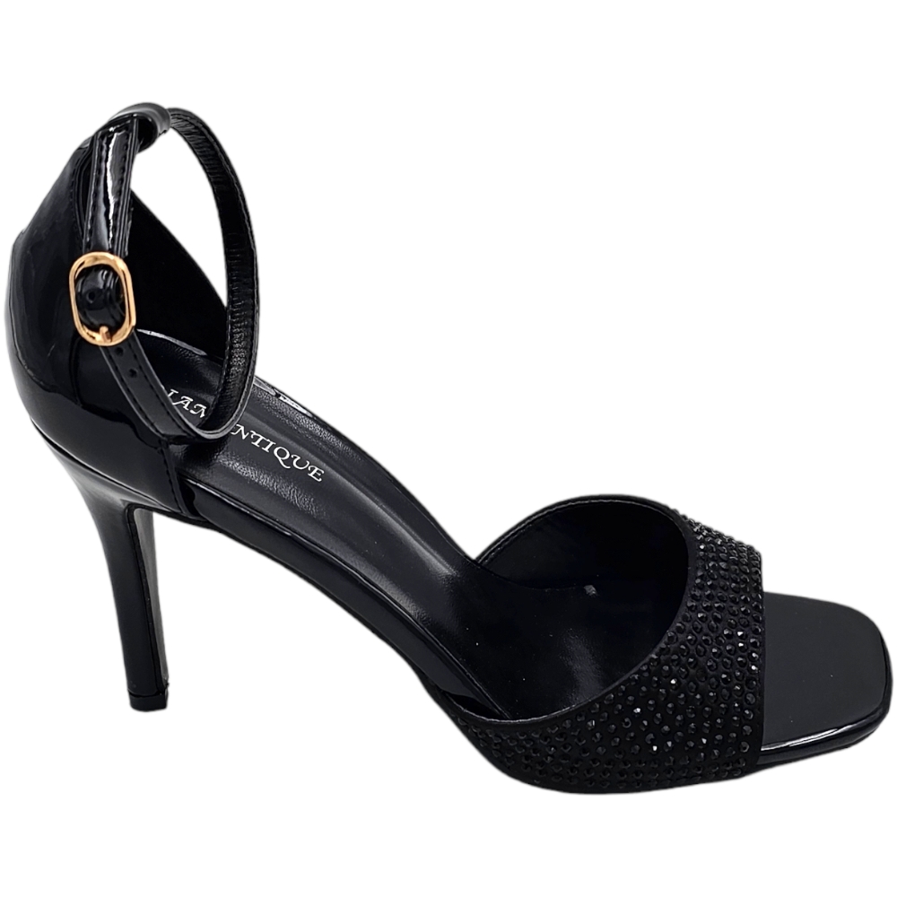 Sandali tacco donna fascetta in tessuto nero strass tono su tono cinturino alla caviglia tacco a spillo comodo 12cm.