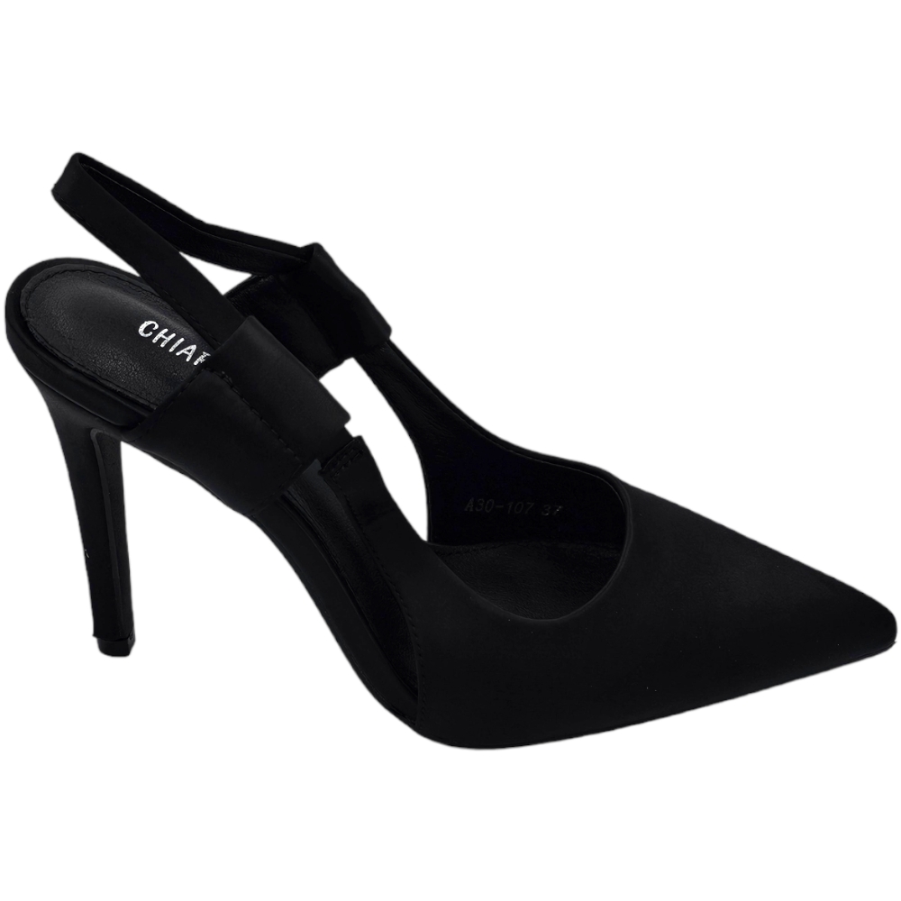 Decollete scarpa donna slingback a punta in raso nero tacco sottile 10 cm cinturino tallone fisso glamour moda.