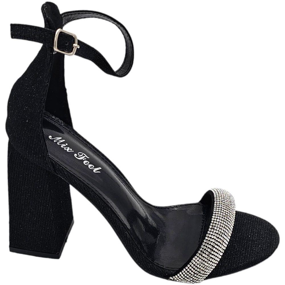 Sandalo alto donna nero tessuto satinato tacco doppio 9 cm cinturino con strass e chiusura alla caviglia linea basic 
