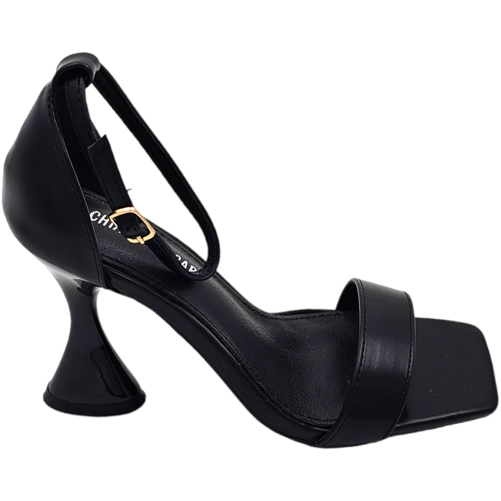Sandali donna pelle nero tacco clessidra 9 cm fascetta all'avampiede chiusura cinturino alla caviglia regolabile moda.