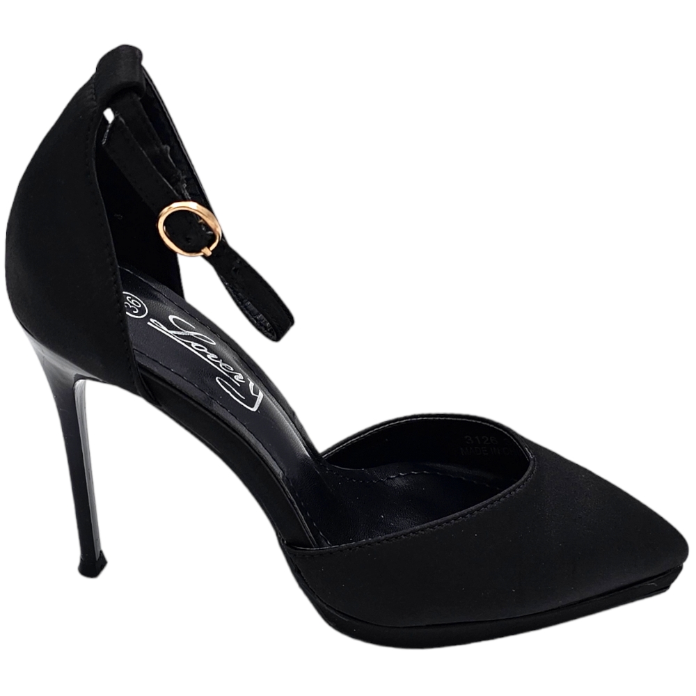 Decolette' donna in tessuto raso nero con punta tacco sottile 12 cm plateau 2 cm e cinturino alla caviglia regolabile .