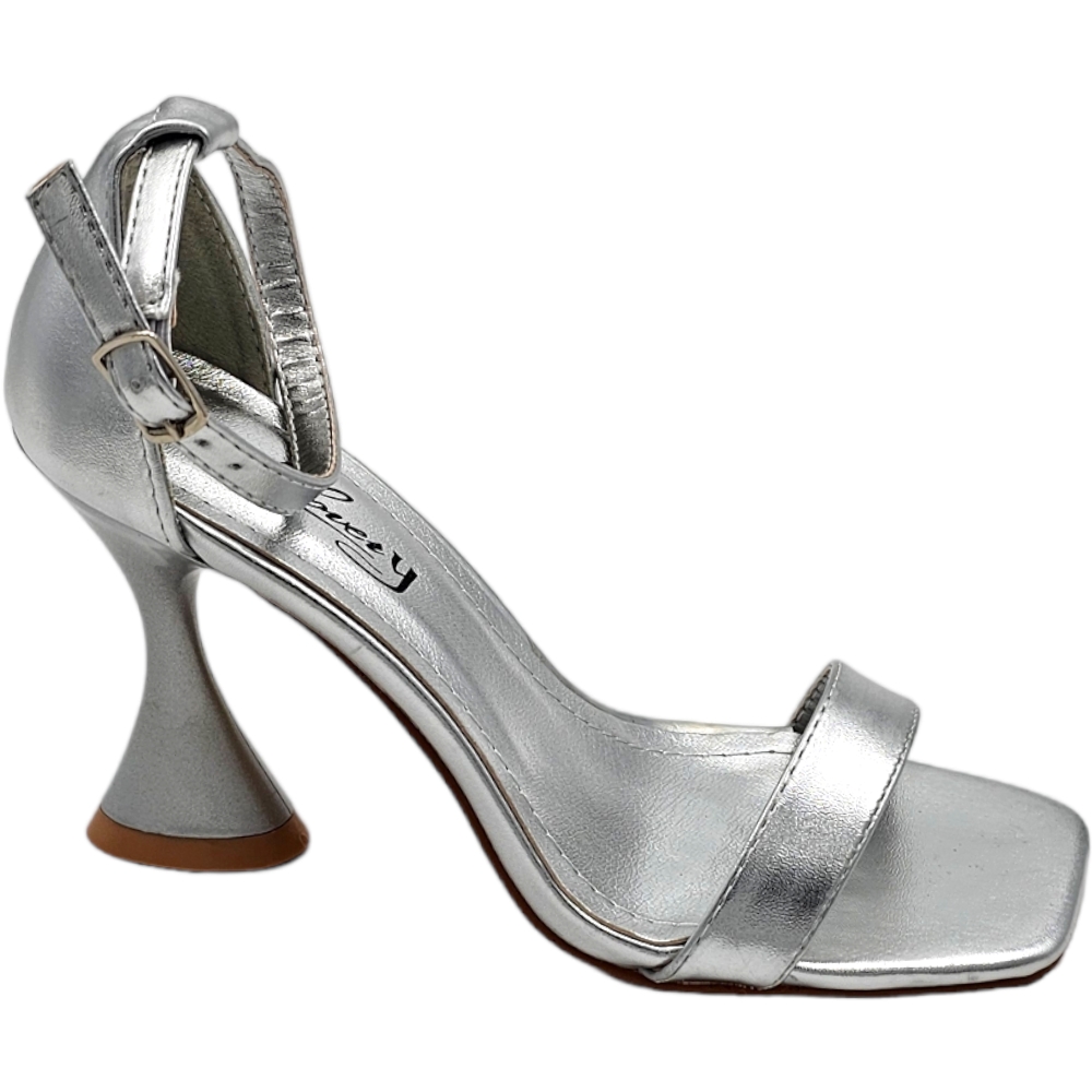 Sandali donna pelle argento tacco clessidra 9 cm fascetta all'avampiede chiusura cinturino alla caviglia regolabile moda.