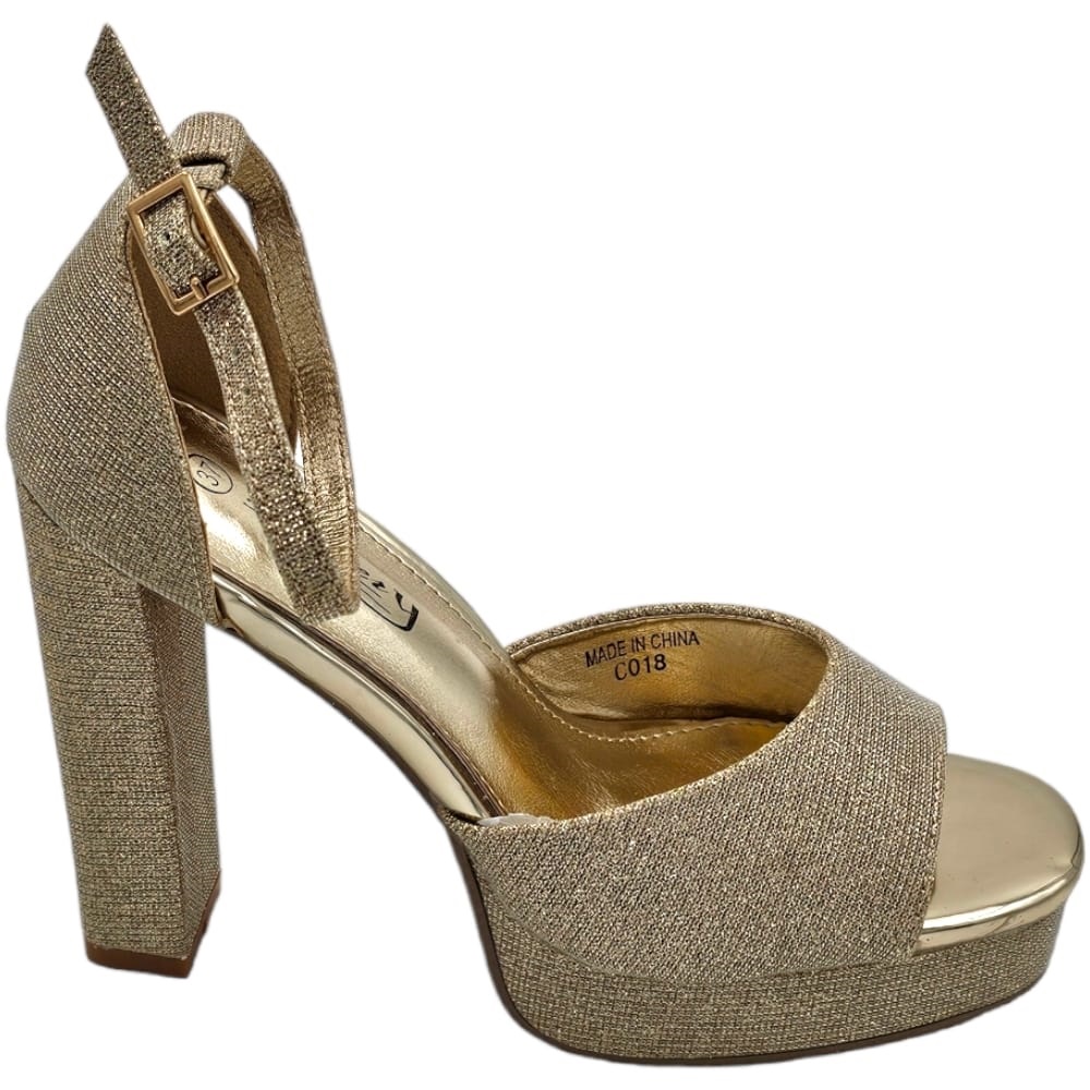 Sandali tacco donna in tessuto satinato oro plateau 3 cm tacco 11 cm con fascia avampiede chiusura regolabile caviglia .