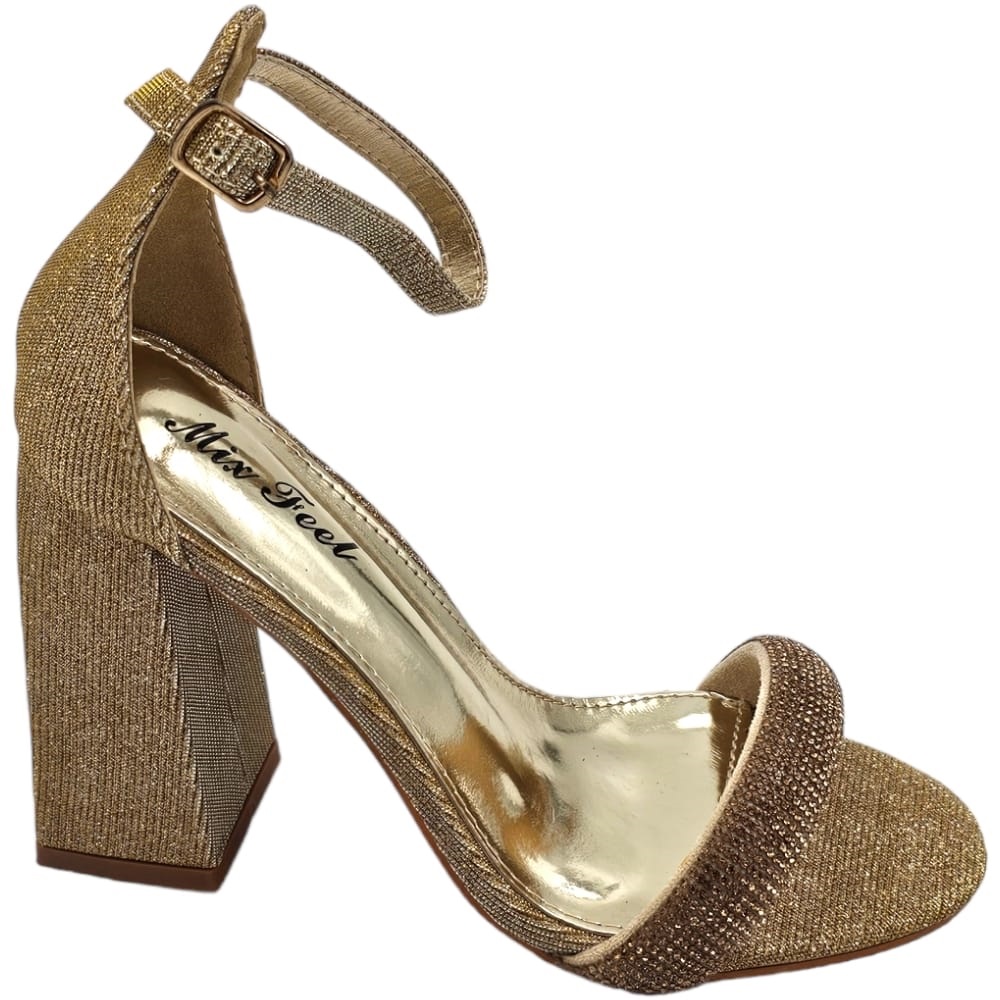 Sandalo alto donna oro tessuto satinato tacco doppio 9 cm cinturino con strass e chiusura alla caviglia linea basic .
