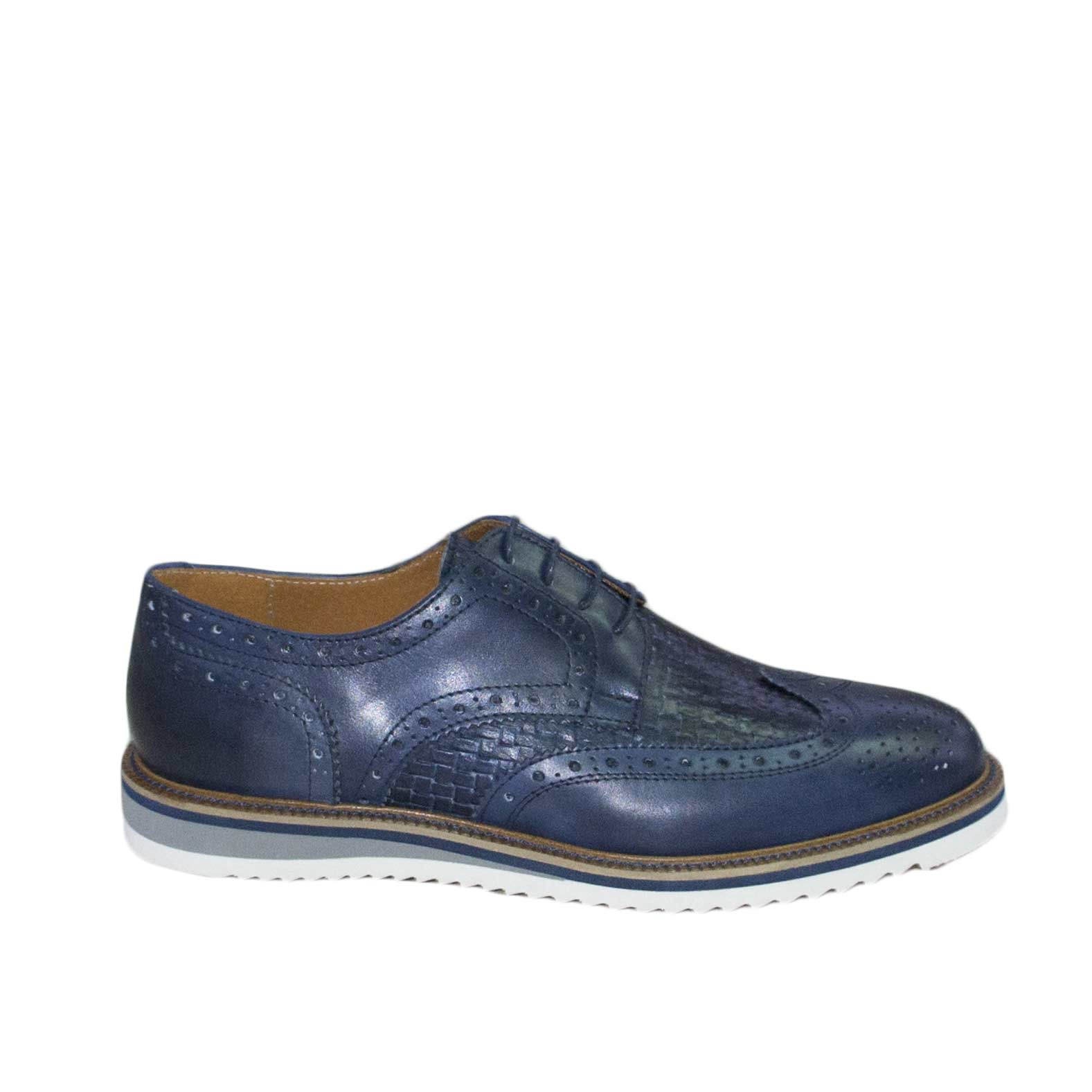 Scarpe uomo francesina blu pelle intrecciata microforata fondo gomma antiscivolo bianco stringhe genuine leather