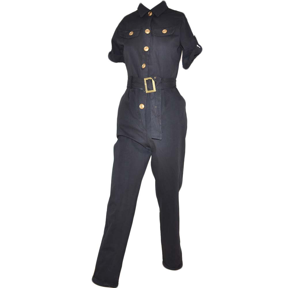 Tuta donna nera intera jumpsuit manica corta pantalone slim-fit bottoni sul busto cinturone in vita