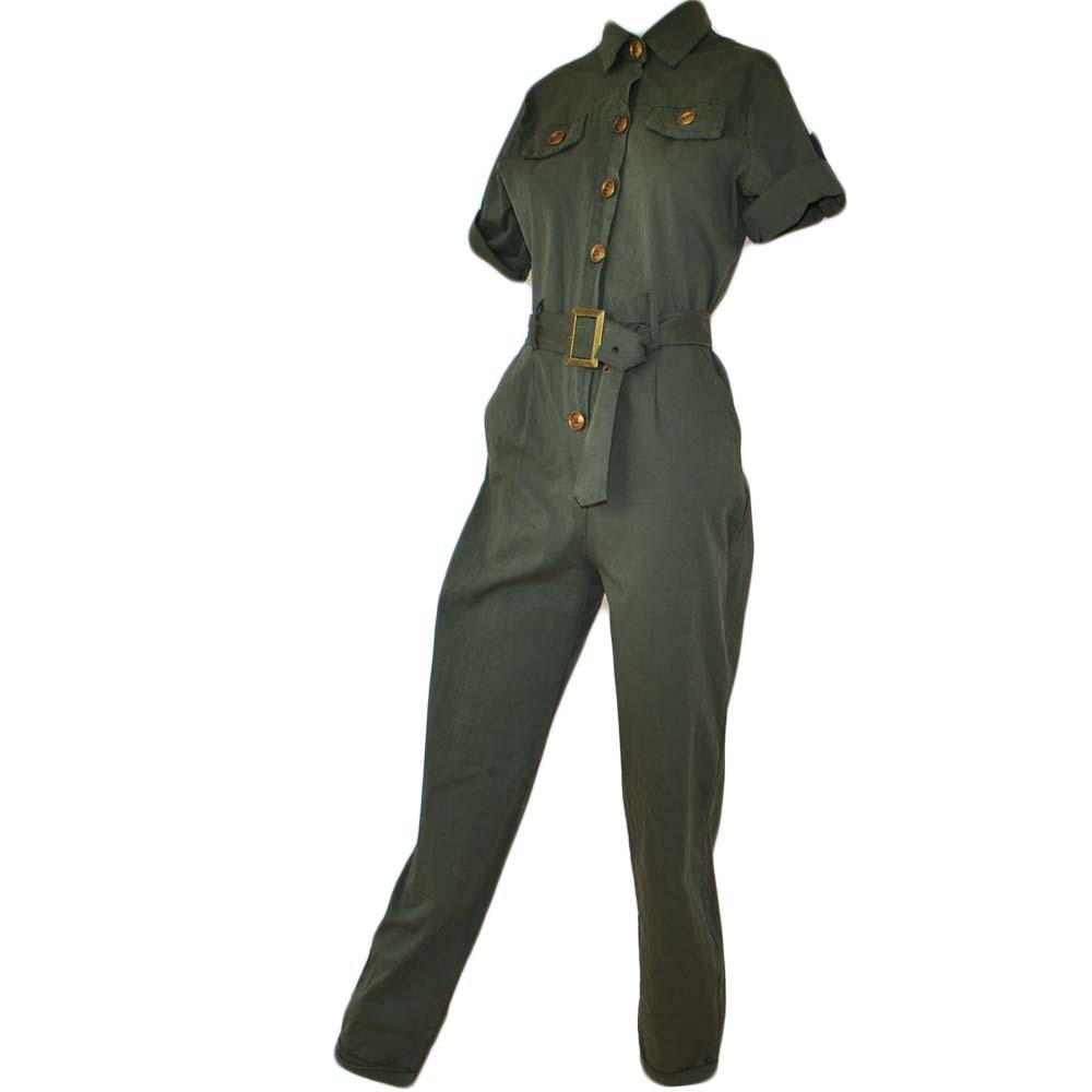  Tuta donna verde militare intera jumpsuit manica corta pantalone slim-fit bottoni sul busto cinturone in vita
