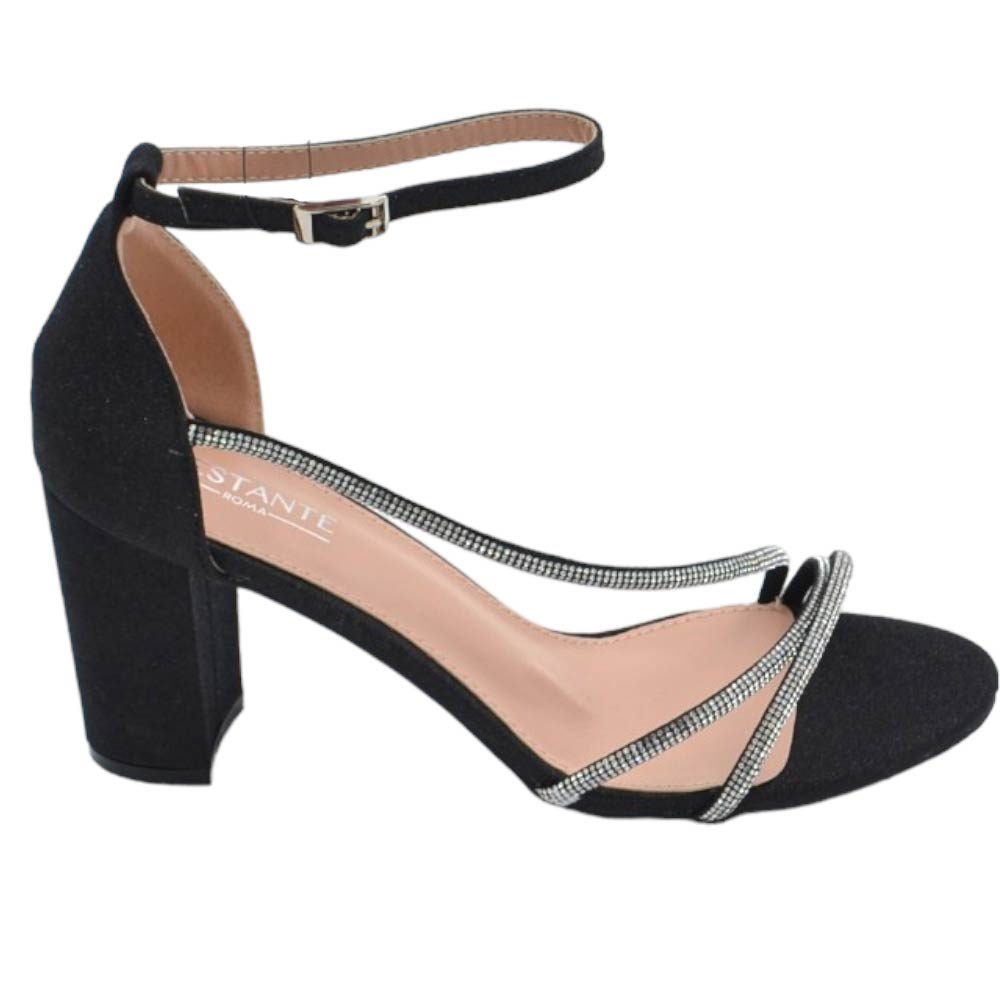 Scarpe sandalo donna nero in tessuto satinato fasce a incrocio strass e chiusura alla caviglia tacco largo comodo 5cm.