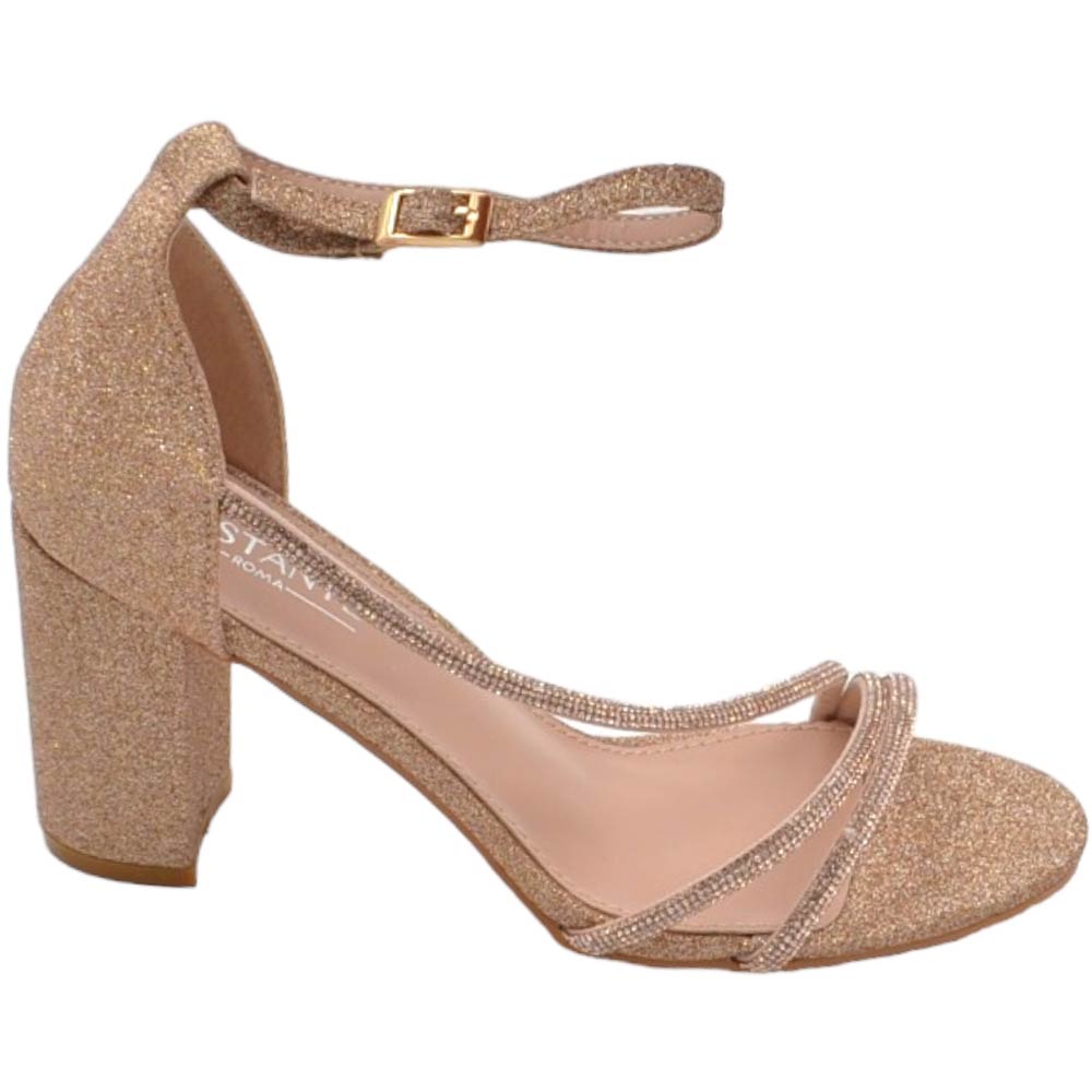 Scarpe sandalo donna oro rosa tessuto satinato fasce a incrocio strass e chiusura alla caviglia tacco largo comodo 5cm