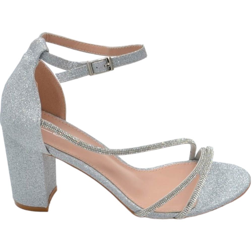 Scarpe sandalo donna argento in tessuto satinato fasce a incrocio strass e chiusura alla caviglia tacco largo comodo 5cm