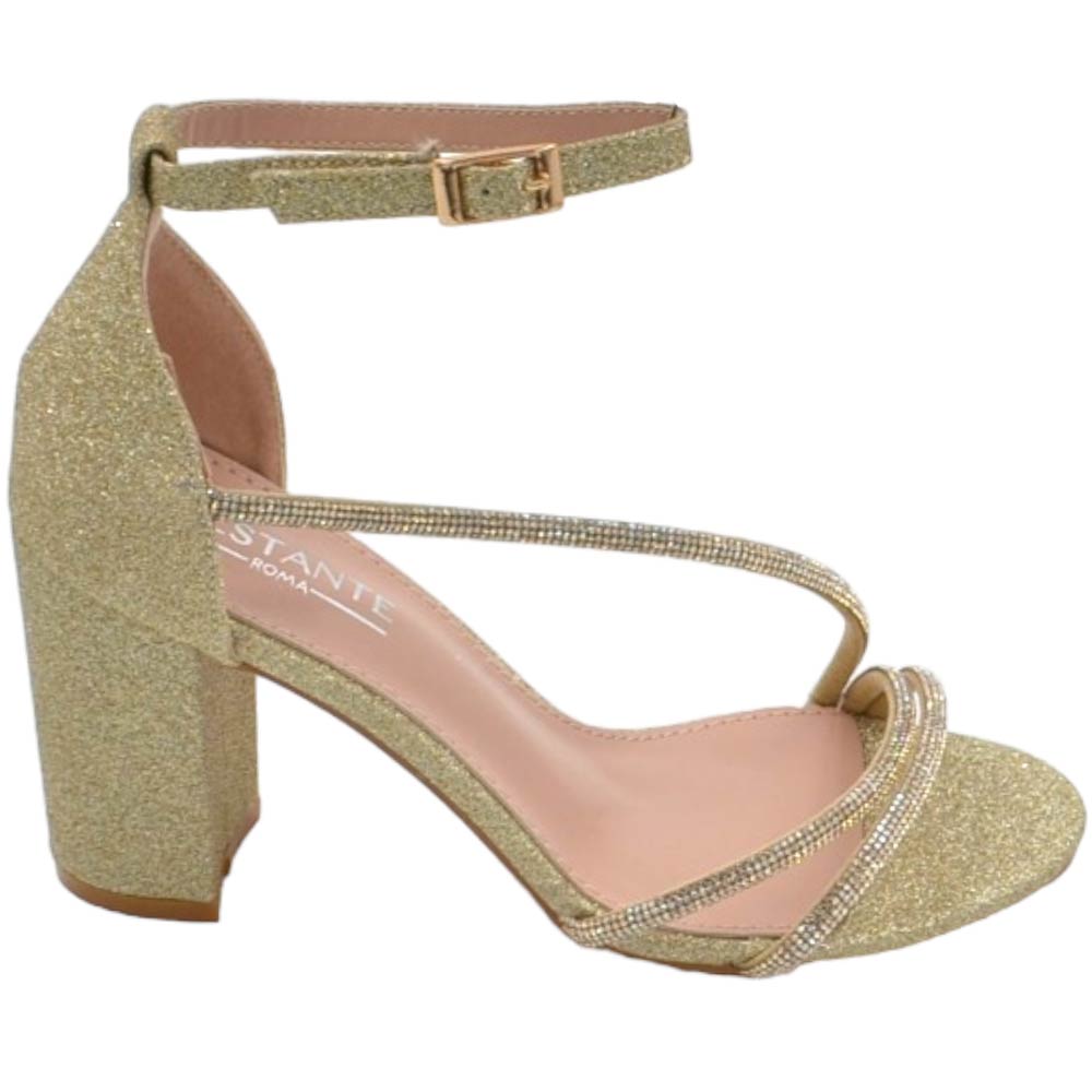 Scarpe sandalo donna oro in tessuto satinato fasce a incrocio strass e chiusura alla caviglia tacco largo comodo 5cm