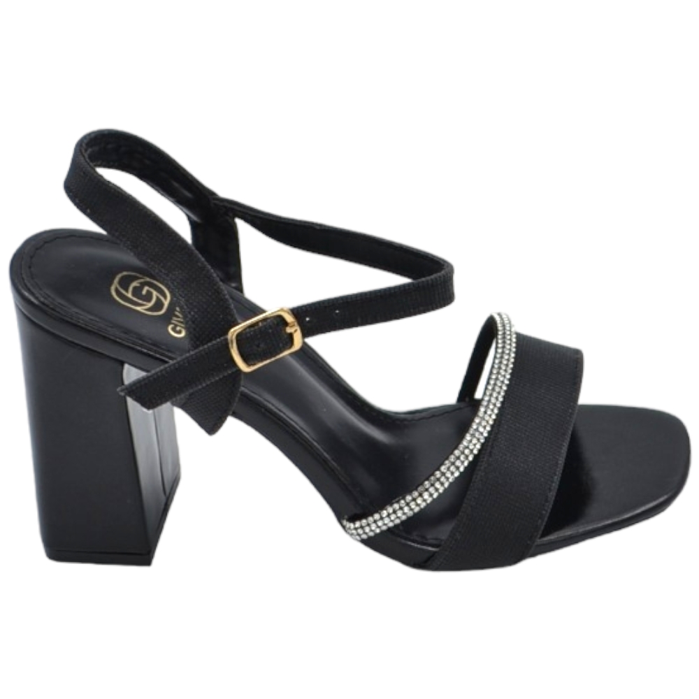 Scarpe sandalo donna nero pelle lucida con fasce a incrocio satinate e chiusura alla caviglia sling back lltacco 5cm.