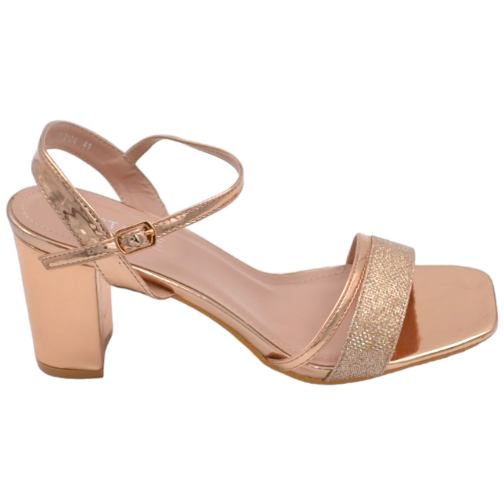 Scarpe sandalo donna oro rosa pelle lucida con fasce a incrocio satinate e chiusura alla caviglia sling back lltacco 5cm.