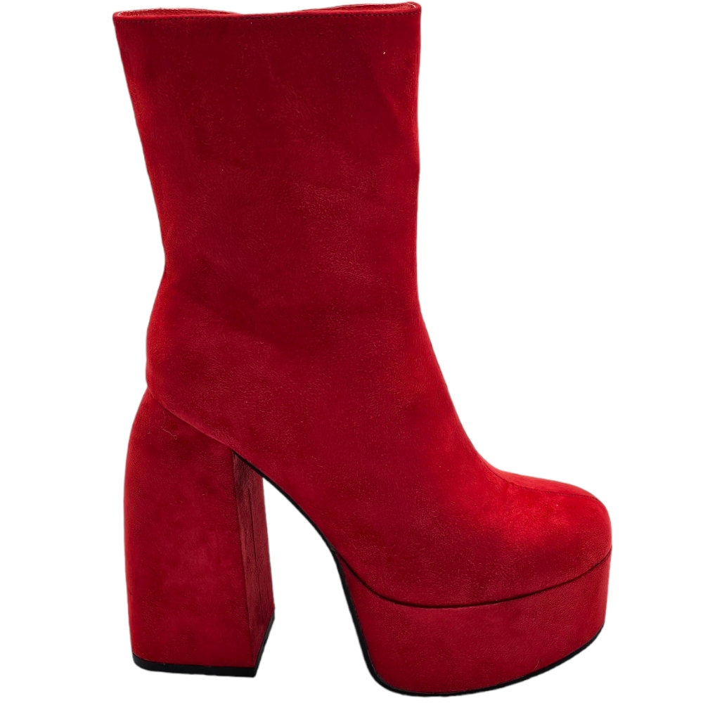 Tronchetto donna stivaletto camoscio rosso punta tonda tacco 15 cm plateau 5cm con zip effetto calzino poledance.