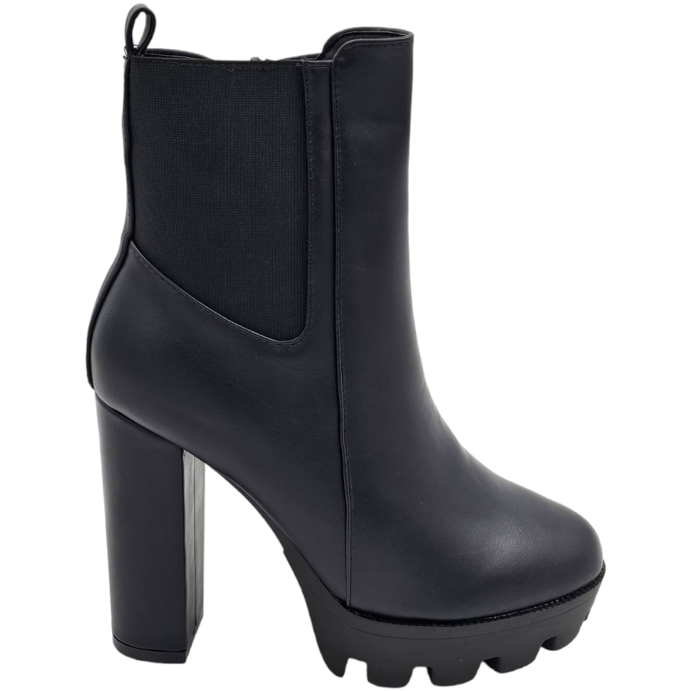 Stivaletto Tronchetto alto donna pelle nero con tacco largo 15 e plateau 4 cm linea Basic elastico Chelsea moda platform