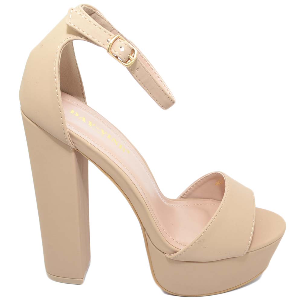 Sandalo donna beige con plateau e tacco largo alto 14 cm in ecopelle con  cinturi | eBay