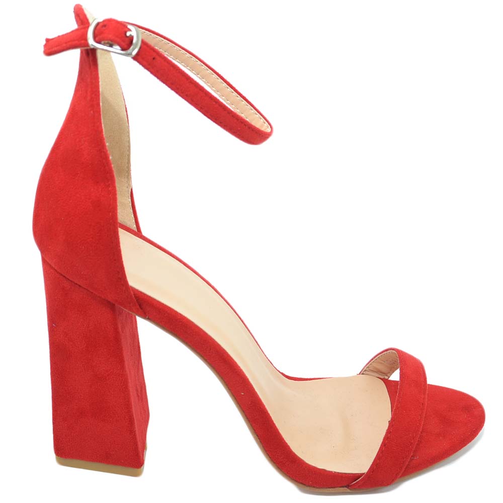 Sandalo donna rosso in ecopelle scamosciato tacco largo asimmetrico alto 10 cm cinturino alla caviglia linea basic moda