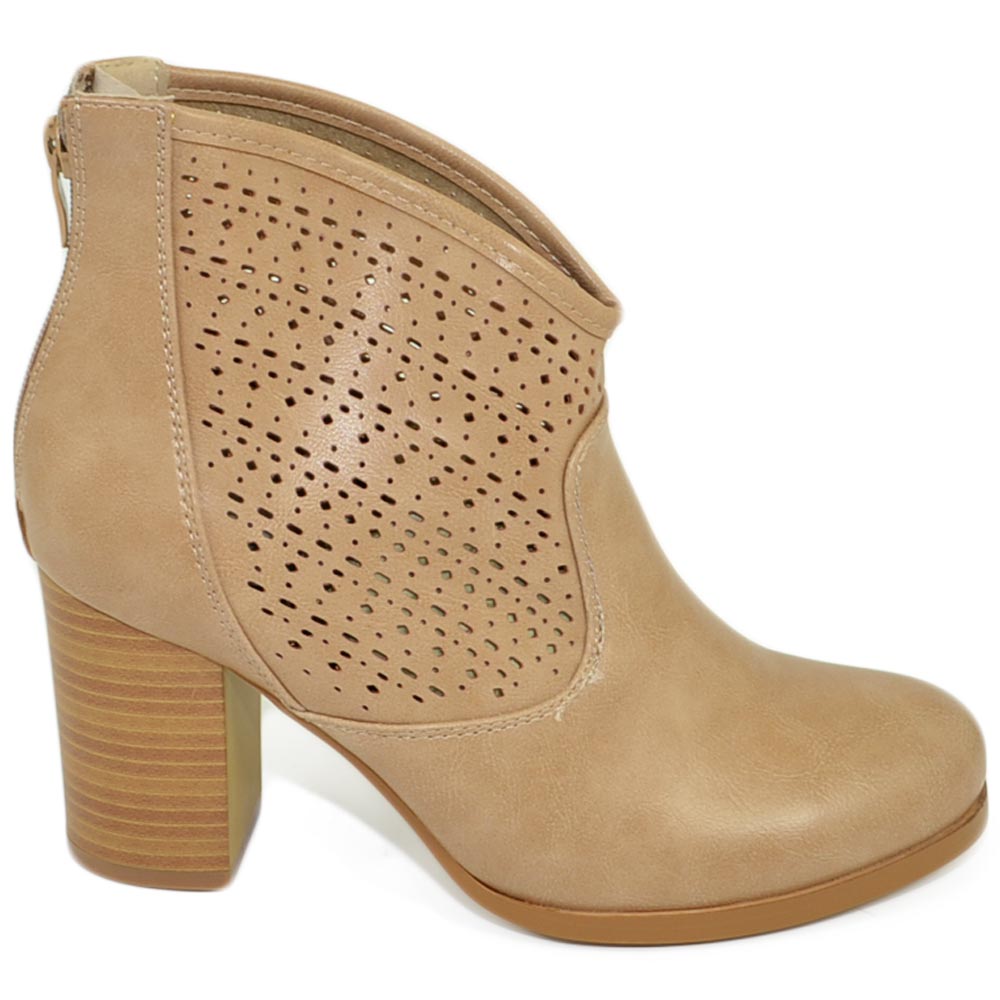 Scarpe donna tronchetto estivo comodo beige tacco largo 7 cm zip retro forato con plateau e scollo sulla caviglia comodo