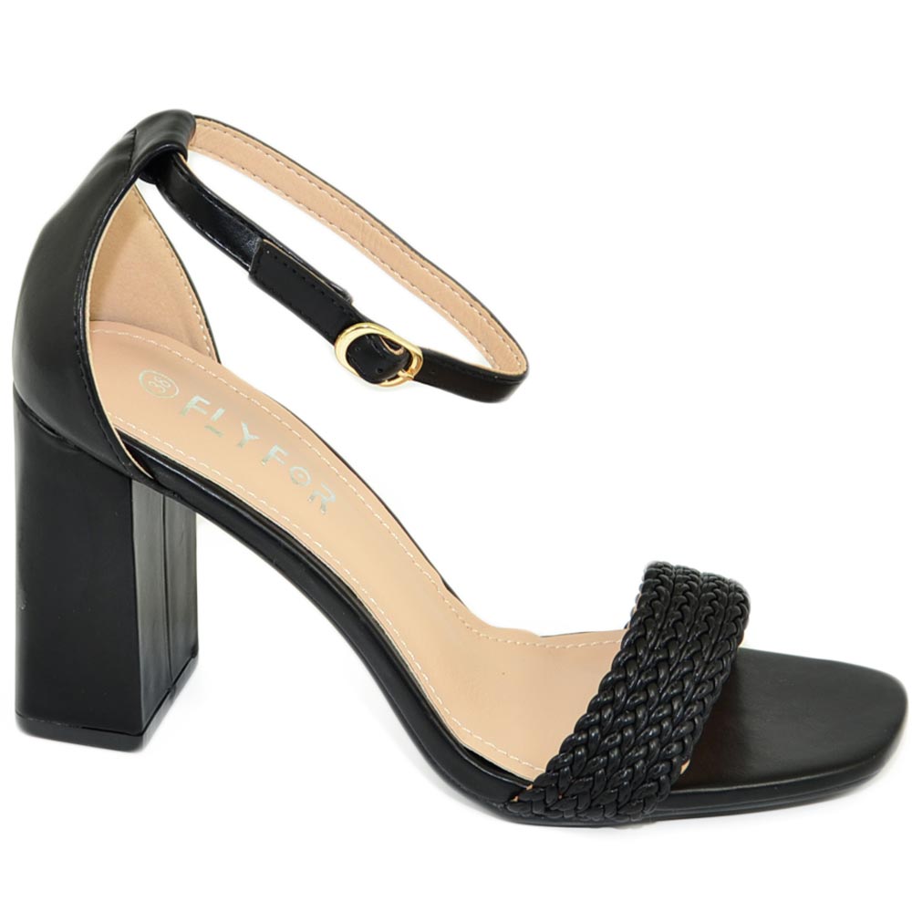 Sandali donna scarpe basic pelle nero punta quadrata tacco largo 9 cm quadrato cinturino alla caviglia fascia treccia