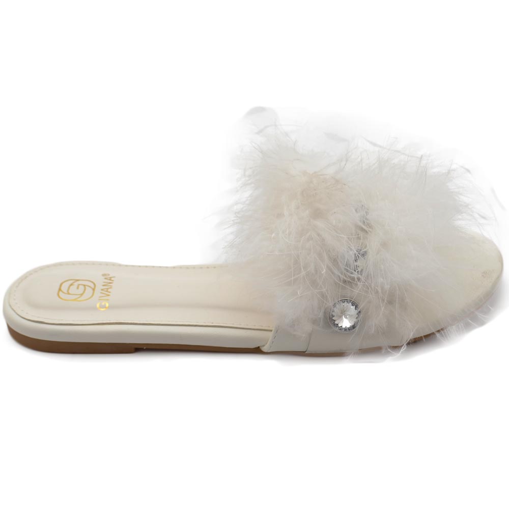 Pantofoline donna pelliccia peluche pelo con applicazioni bianca voluminosa colorata morbide raso terra moda glamour.