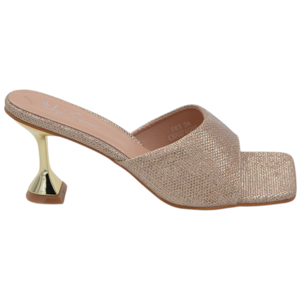 Sandalo Mule Donna Color Champagne con Tacco Design Metallizzato
