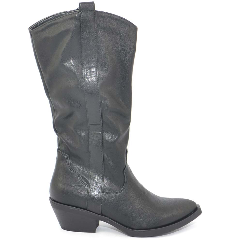 Stivali camperos texani donna neri linea old west in ecopelle bortolata  mordiva lisci a punta con tacco cono moda basic donna stivali Malu Shoes |  MaluShoes