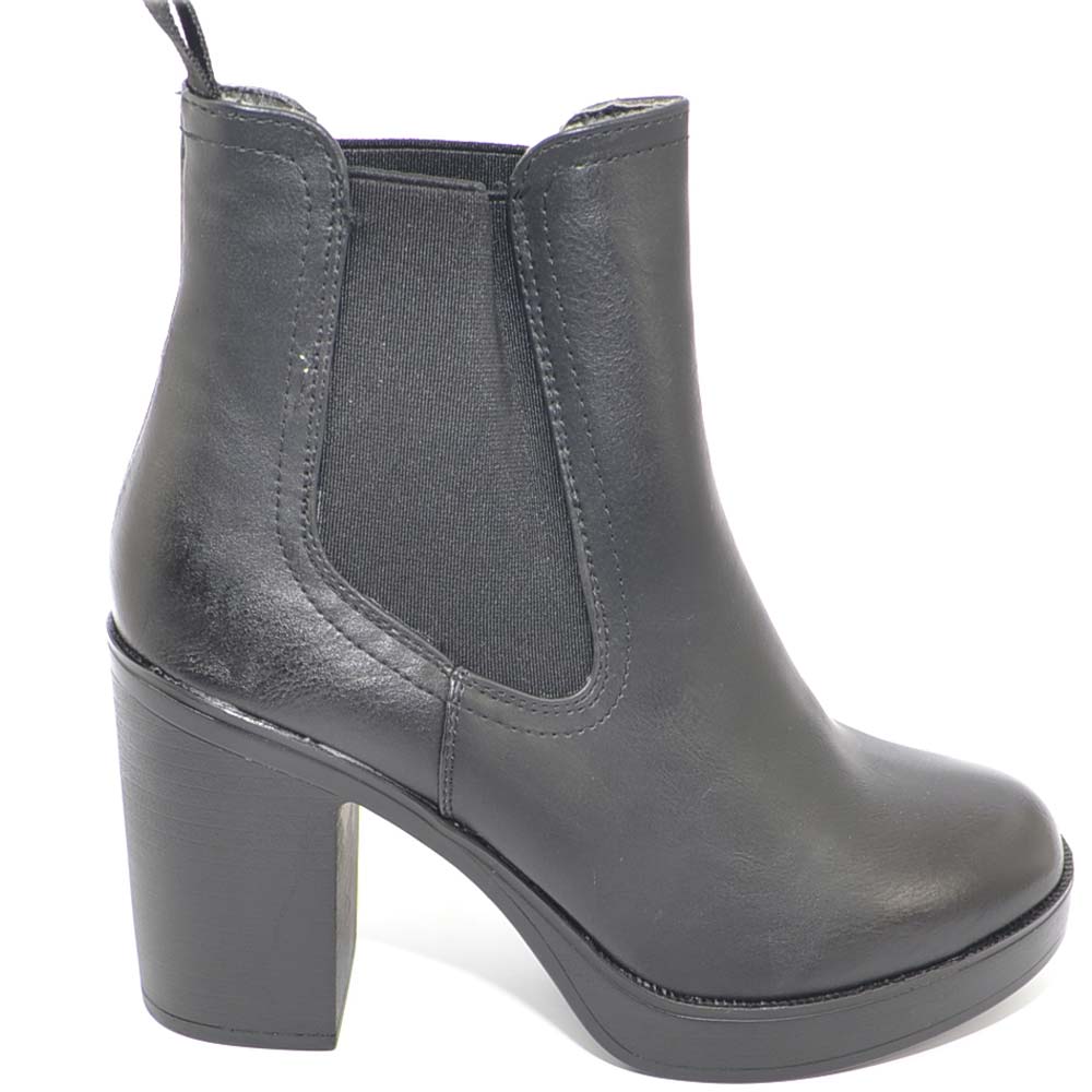 Tronchetto donna beatles basic nero con elastico doppio alla caviglia tacco comodo plateau punta tonda