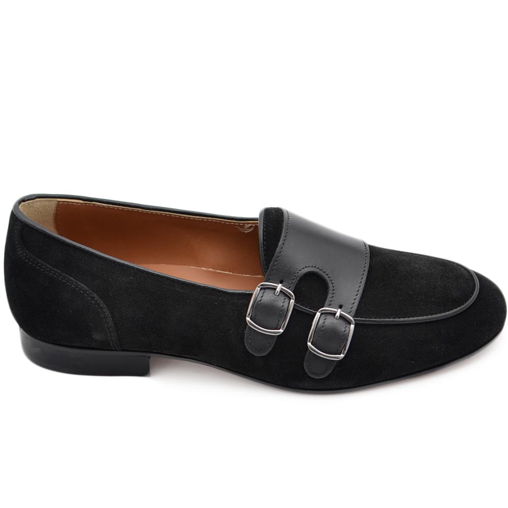 Scarpe uomo mocassino fibbia doppia nero sottile derby vintage in vera pelle semilucida e camoscio business fondo cuoio
