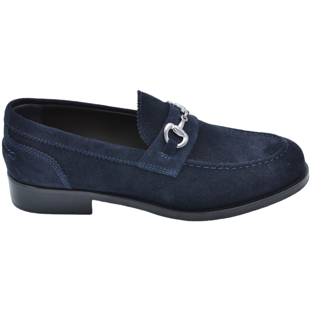 Scarpe mocassino uomo elegante morsetto argento vera pelle scamosciato blu suola in cuoio antiscivolo cerimonia evento	