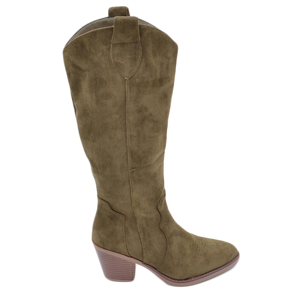 Stivali camperos donna in camoscio verde militare altezza ginocchio lisci tacco Texano 5 cm con zip 