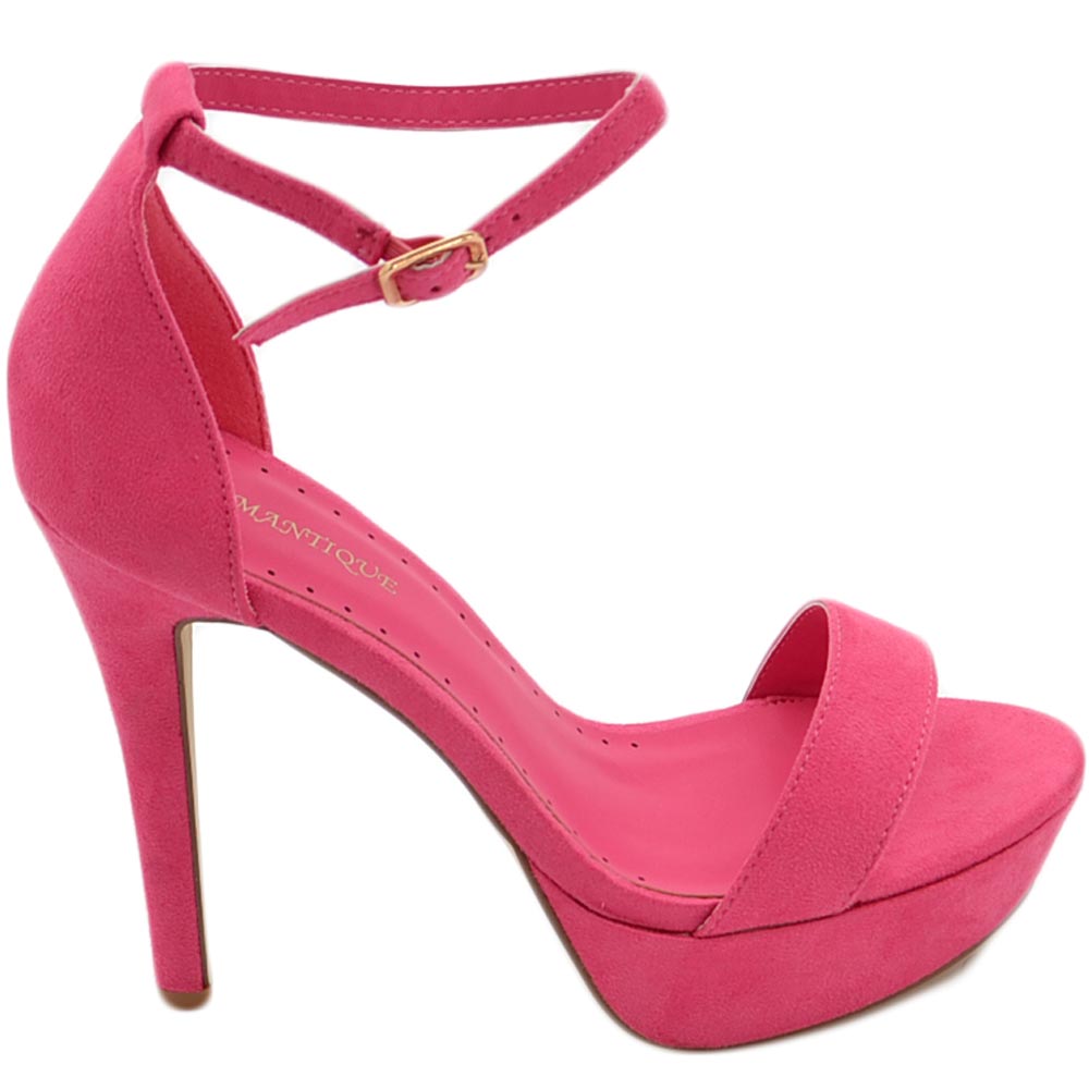 Sandali donna con tacco alto a spillo 15 cm e plateau 5 cm cinturino alla caviglia in camoscio fucsia.