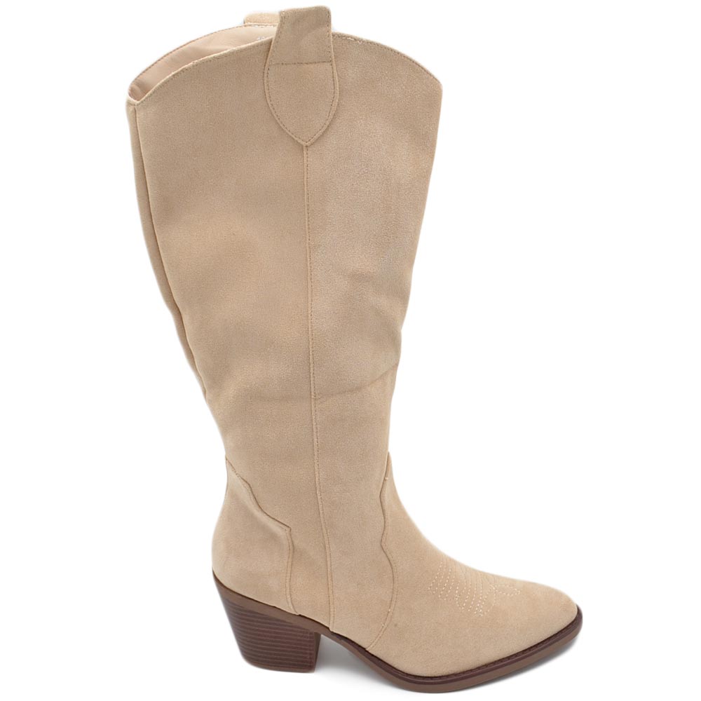 Stivali camperos donna in camoscio beige chiaro altezza ginocchio lisci tacco Texano 5 cm con zip .